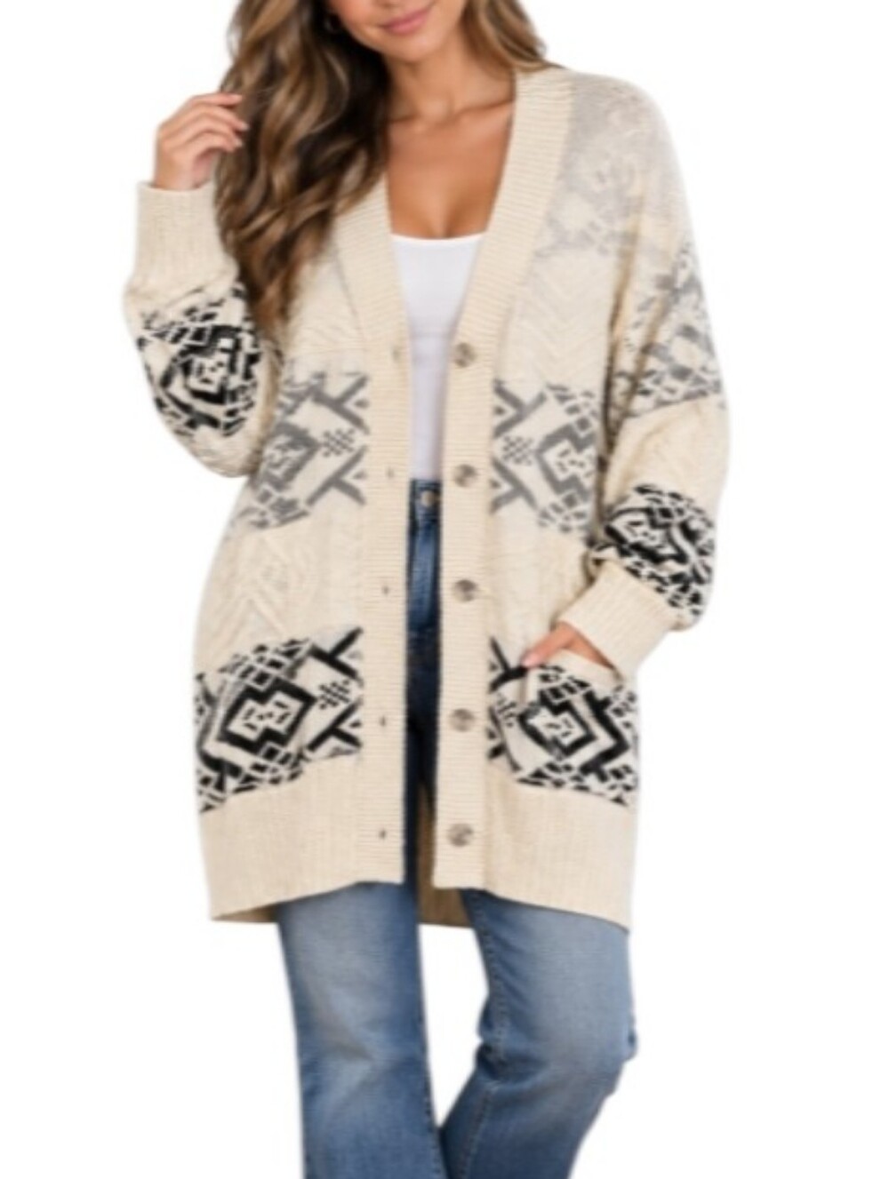 Sundance Geometric Cable Knit Cotton Wool Blend Oversized Cardigan Sweater